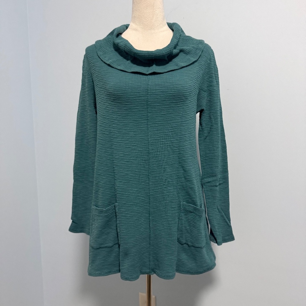 Soft Surroundings‎ Tati Waffle Knit Cowl Neck Teal Tunic Top Size S